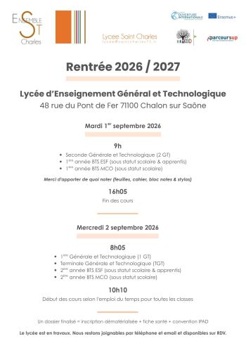 Rentrée 2026 / 2027 - Lycée Saint Charles