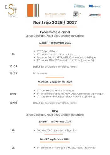 Rentrée 2026 / 2027 - Lycée Saint Charles